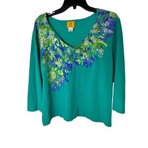 Ruby Lane XL Teal Green V-Neck 3/4 Sleeve Cotton Blend Top Colorful Floral